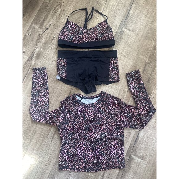 Roxy Swim Set Boy Shorts T Back Tankini and long sleeve SunShirt Black Purple XS